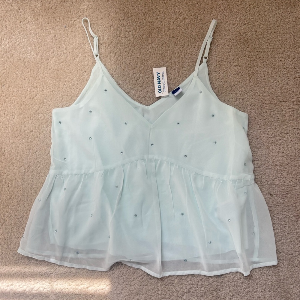 NWT BABYDOLL PEPLUM V-NECK RHINESTONE SPARKLY TANK TOP TEAL GREEN FAIRY XS